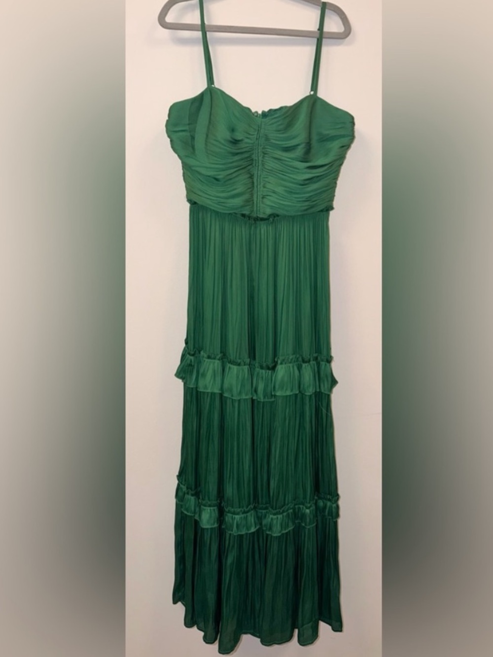 Bloomingdale’s Aqua Ruffled Ruched Satin Maxi Dress